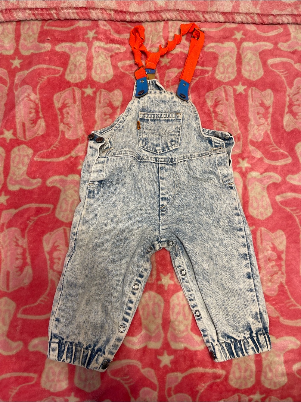 VINTAGE levis Kids Acid-Wash Denim Overalls with Orange Adjustable Straps